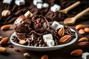 chocolate ice cream with almonds and marshmallows. AI-Generated photo