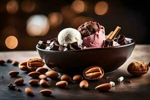 a bowl of ice cream with chocolate, nuts and almonds. AI-Generated photo