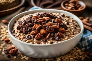 chocolate pecan oatmeal in a bowl. AI-Generated photo