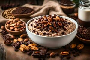 chocolate oatmeal with nuts and milk. AI-Generated photo