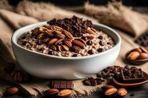 chocolate and pecans in a bowl of oatmeal. AI-Generated photo