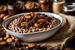 chocolate oatmeal with nuts and nuts in a bowl. AI-Generated photo