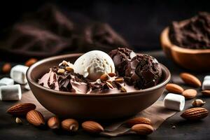 chocolate ice cream with almonds and marshmallows in a bowl. AI-Generated photo