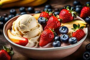 a bowl of fruit and ice cream with strawberries, blueberries and bananas. AI-Generated photo