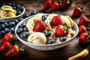 a bowl of ice cream with strawberries, blueberries and bananas. AI-Generated photo