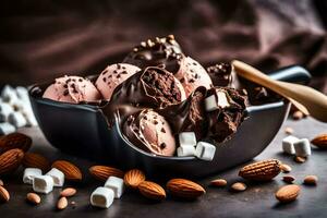 chocolate hielo crema con Almendras y Malvaviscos en un bol. generado por ai foto