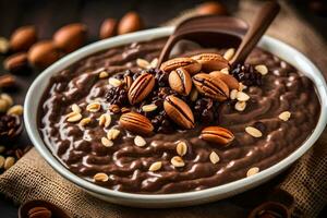 chocolate avena en un cuenco con nueces y nueces. generado por ai foto
