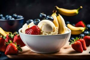 a bowl of ice cream with strawberries, blueberries and bananas. AI-Generated photo