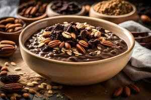 chocolate oats in a bowl with nuts and nuts. AI-Generated photo