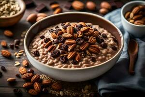 chocolate and almond oatmeal in a bowl. AI-Generated photo