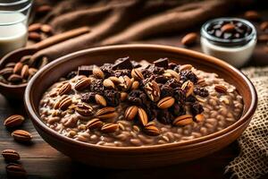 chocolate pecan oatmeal in a bowl. AI-Generated photo