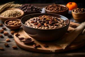chocolate oatmeal with nuts and seeds. AI-Generated photo