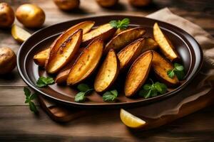 potato wedges with lemon slices on a plate. AI-Generated photo