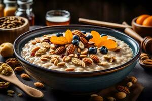 harina de avena con nueces y seco frutas en un bol. generado por ai foto