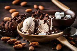 chocolate ice cream with almonds and marshmallows. AI-Generated photo