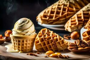 a waffle cone with ice cream and nuts. AI-Generated photo