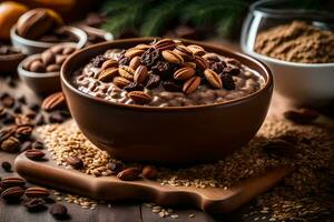 chocolate oatmeal with nuts and seeds in a bowl. AI-Generated photo