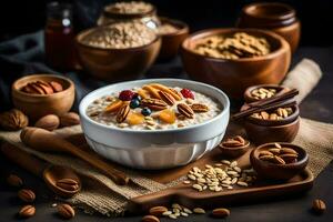 un cuenco de harina de avena con nueces y bayas en un de madera mesa. generado por ai foto