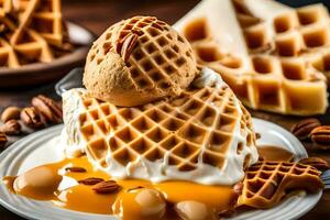 a waffle with ice cream and pecans on a plate. AI-Generated photo