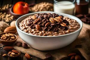 chocolate oatmeal with almonds and chocolate chips in a bowl. AI-Generated photo