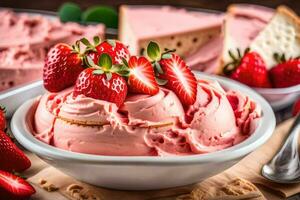 a bowl of strawberry ice cream with strawberries. AI-Generated photo