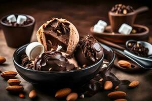 chocolate ice cream in a bowl with almonds. AI-Generated photo