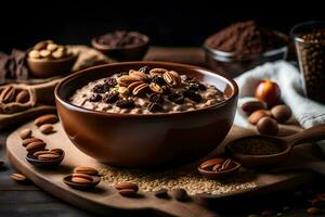 chocolate oatmeal in a bowl with nuts and nuts. AI-Generated photo