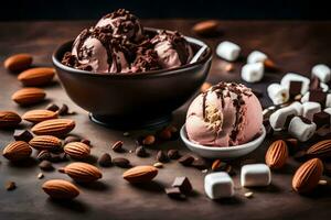 chocolate ice cream in a bowl with almonds and marshmallows. AI-Generated photo