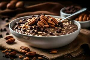 chocolate pecan oatmeal in a bowl. AI-Generated photo