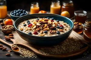 harina de avena con nueces y bayas en un bol. generado por ai foto