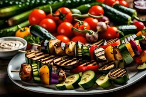 grilled vegetables on skewers with dip. AI-Generated photo