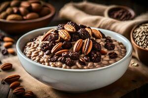 a bowl of oatmeal with nuts and nuts. AI-Generated photo