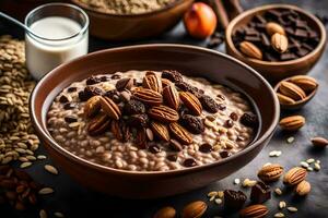 chocolate oatmeal with nuts and almonds. AI-Generated photo