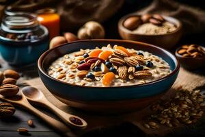 a bowl of oatmeal with nuts and dried fruits. AI-Generated photo