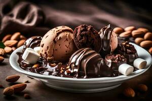 chocolate hielo crema con Almendras y Malvaviscos. generado por ai foto