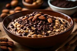 chocolate pecan oatmeal in a bowl. AI-Generated photo