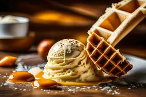 ice cream and waffle on a wooden table. AI-Generated photo