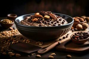 chocolate oatmeal in a bowl with nuts and nuts. AI-Generated photo