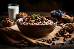 un cuenco de harina de avena con nueces y bayas. generado por ai foto