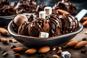 chocolate ice cream in a bowl with almonds. AI-Generated photo
