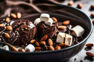 chocolate pudding with marshmallows and almonds. AI-Generated photo