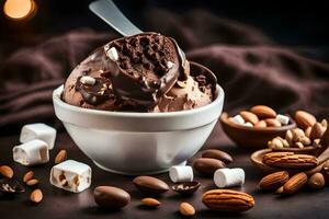 chocolate ice cream with almonds and marshmallows. AI-Generated photo