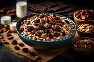 chocolate oatmeal with nuts and chocolate milk in a bowl. AI-Generated photo