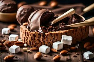 chocolate ice cream with marshmallows and almonds. AI-Generated photo