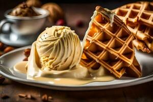 ice cream and waffles on a plate. AI-Generated photo