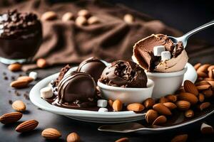 chocolate ice cream with almonds and marshmallows. AI-Generated photo