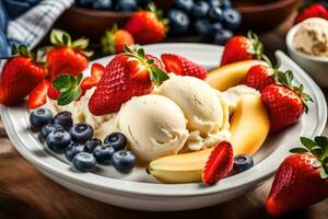 un cuenco de hielo crema con fresas, arándanos y plátanos generado por ai foto