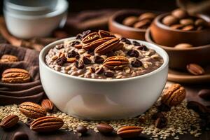 chocolate pecan oatmeal in a bowl. AI-Generated photo