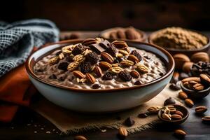 chocolate pecan oatmeal in a bowl. AI-Generated photo