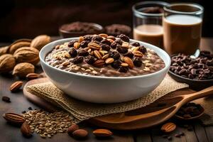 chocolate oatmeal with nuts and almonds in a bowl. AI-Generated photo